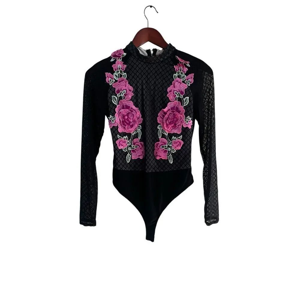 Latiste by Amy Small black mesh floral flower embroidered bodysuit long sleeve